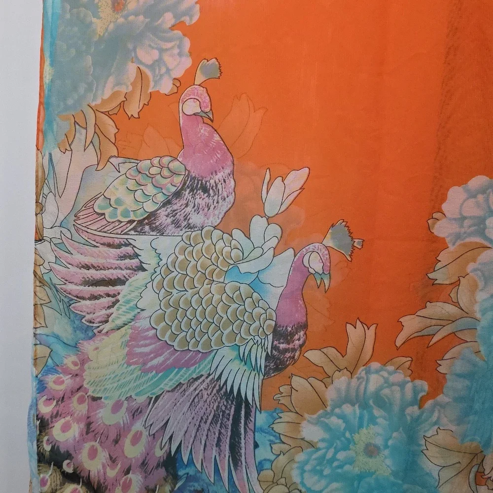 Orange and Blue Floral Scarf, Vibrant, Sheer, 20